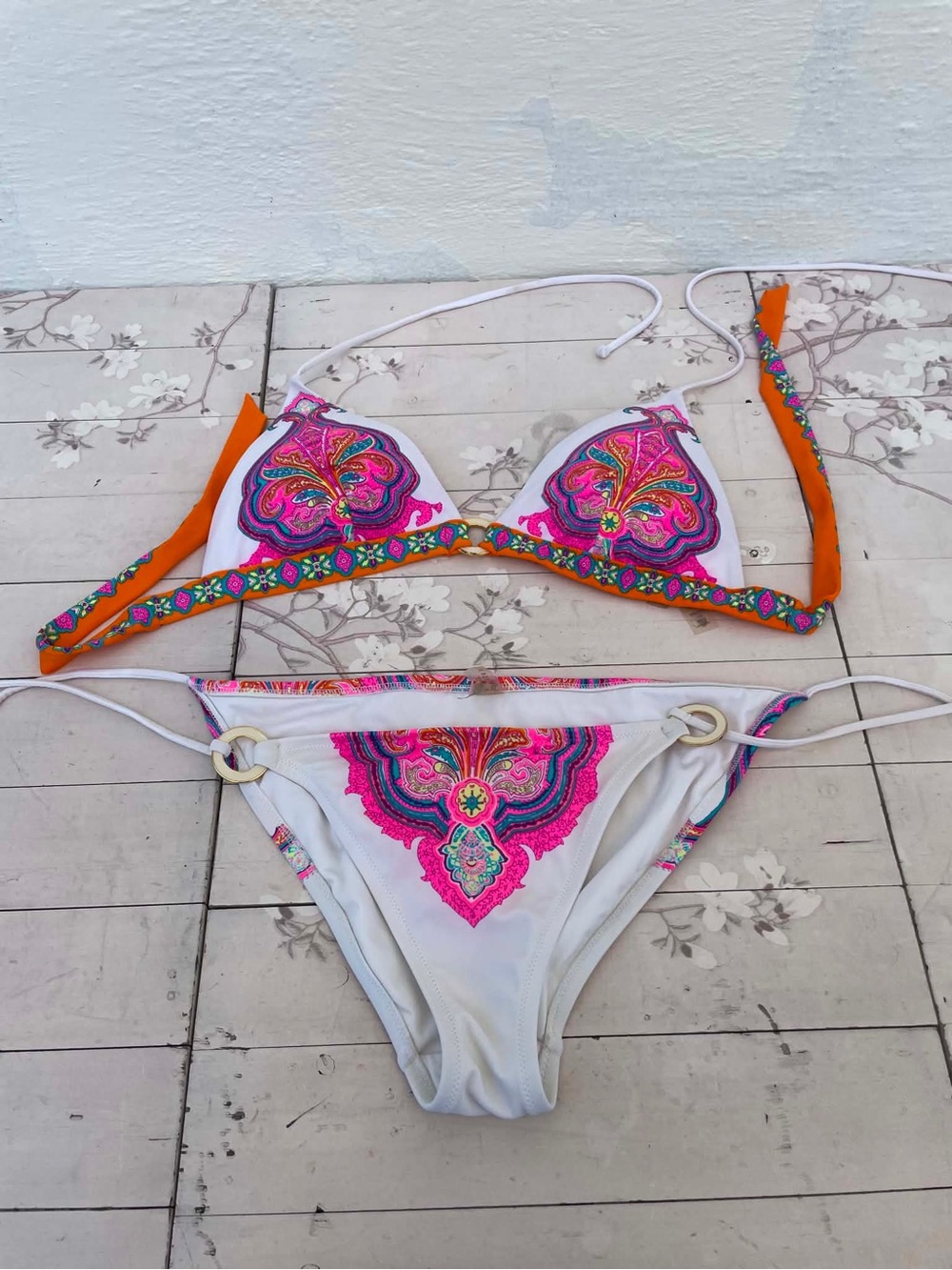Victoria's Secret White Bikini with Pink and Orange Embroidery